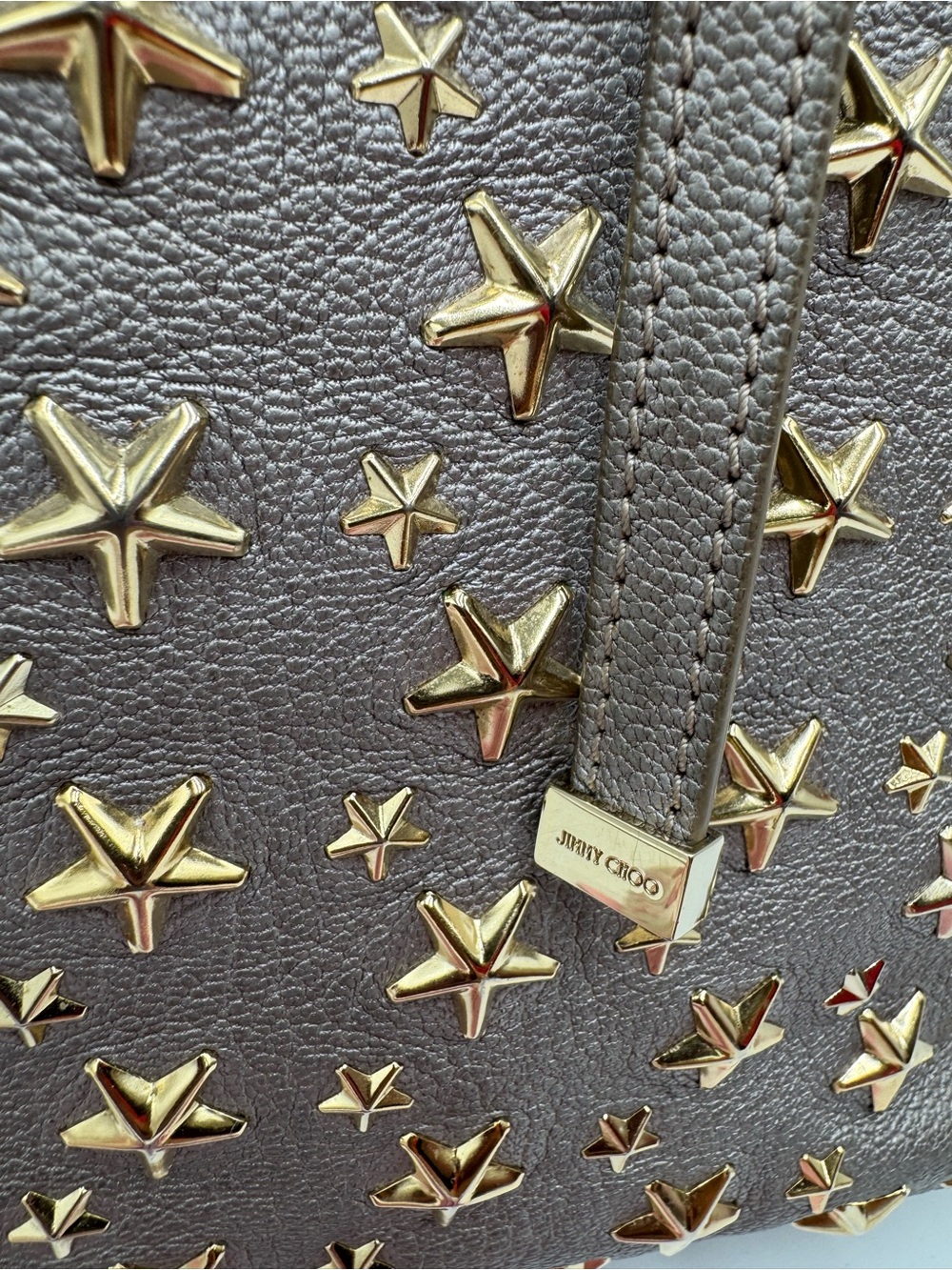 Jimmy Choo Gray Leather Star Studded Tote Bag | Sasha Medium Shopper - Picture 10 of 10